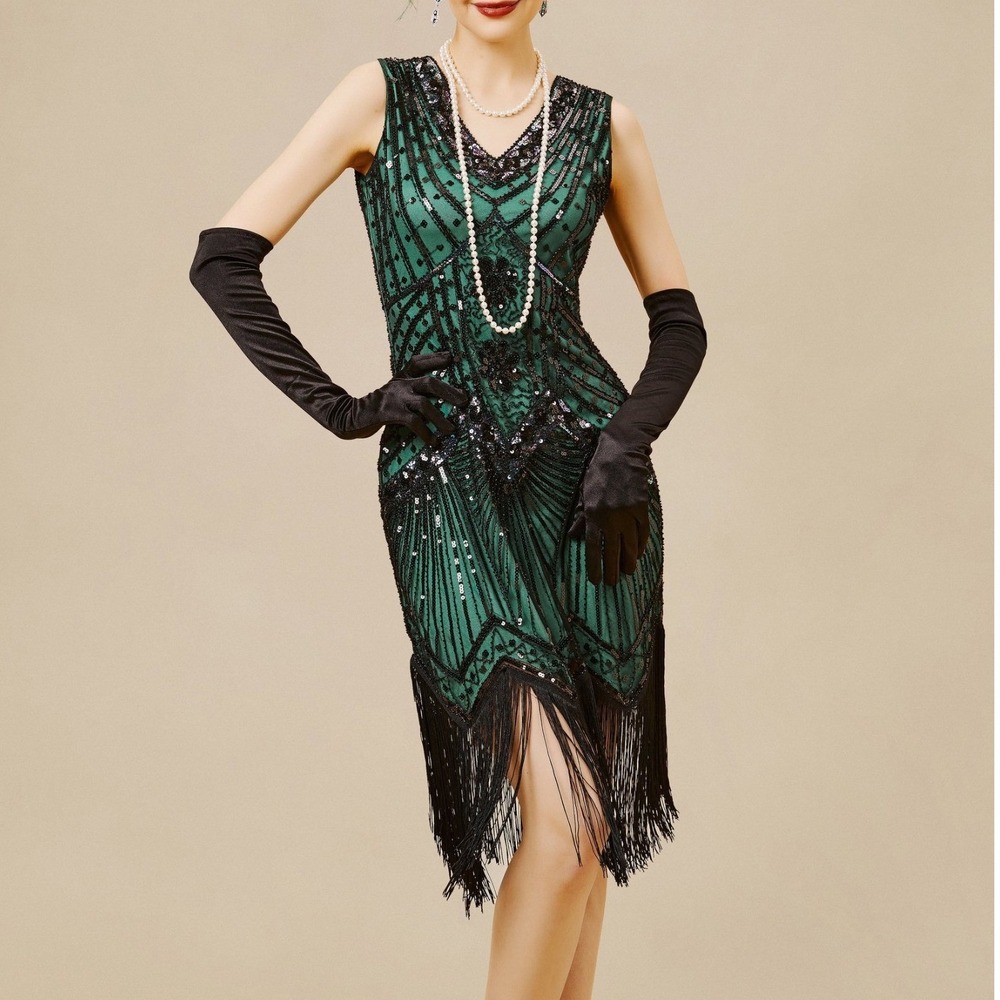 BABEYOND Green Black Sequin Fringe Flapper Dress Gatsby Art Deco 1920s NWT 2XL